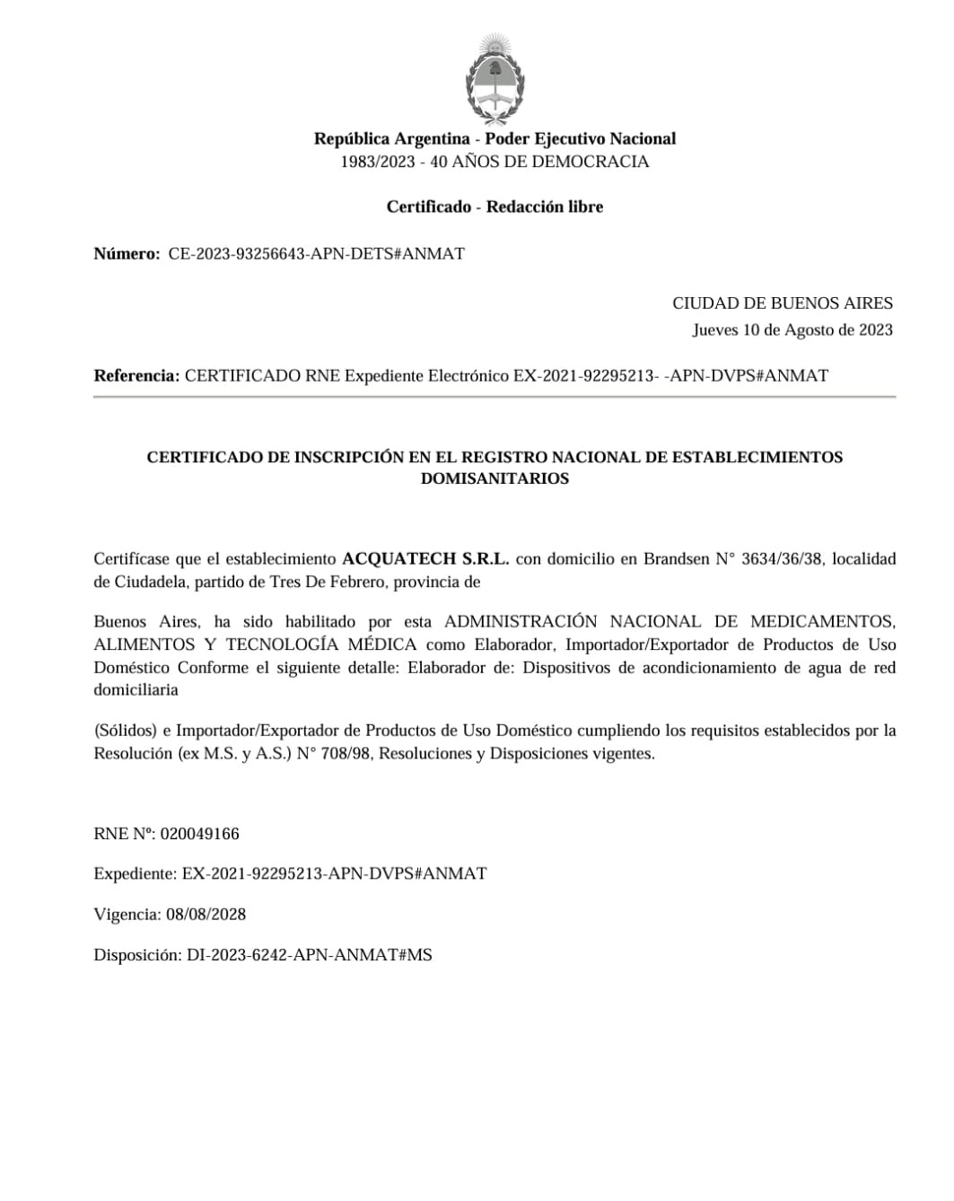 Certificado ANMAT WaterSoft